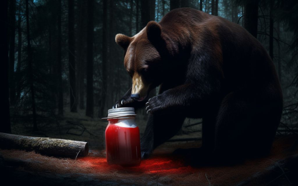 Rosyjski niedźwiedź z krwawym słojem w lesie
