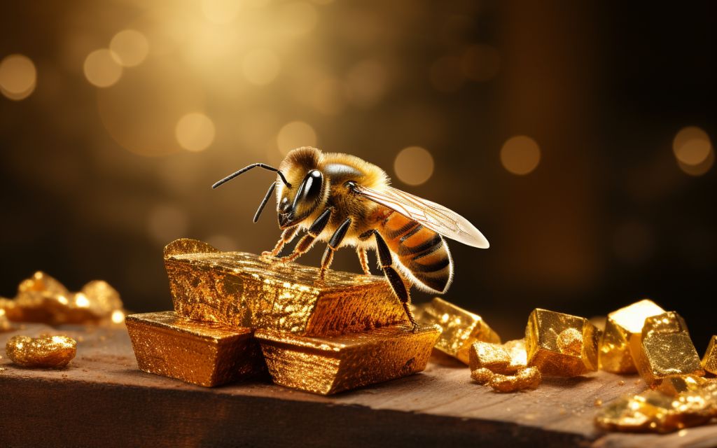 pszczoła siedzi na złocie