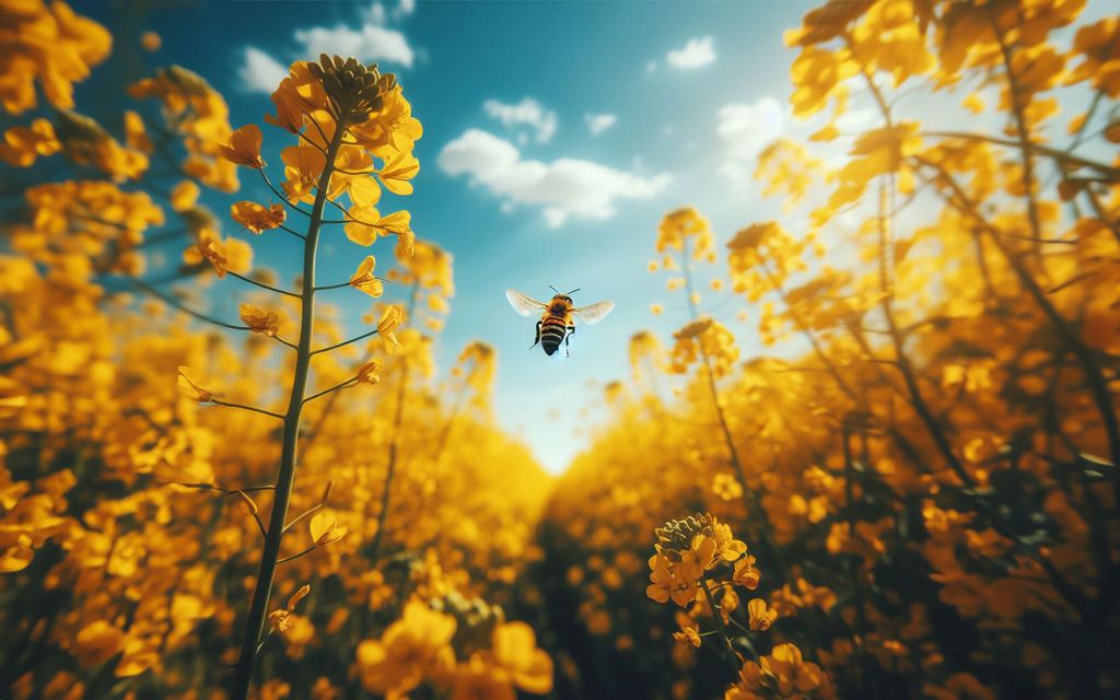 pszczółka pięknie leci przez rzepak