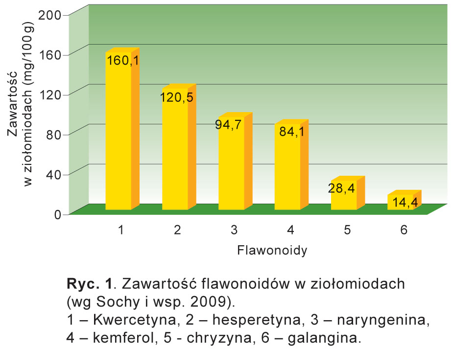 Ryc. 1. Zawartość flawonoidów w ziołomiodach  (wg Sochy i wsp. 2009).
