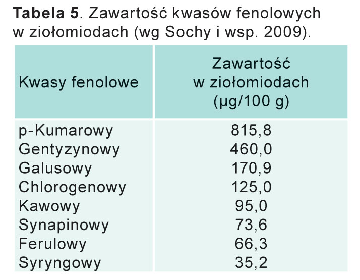 Tabela 5. Zawartość kwasów fenolowych w ziołomiodach (wg Sochy i wsp. 2009). Kwasy fenolowe Zawartość w ziołomiodach 
