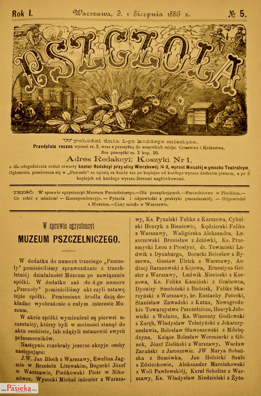 Pasieka nr 80 (historia-2_Strona_tytulowa_Pszczoly_nr_5_z_sierpnia_roku_1886_LK.jpg)