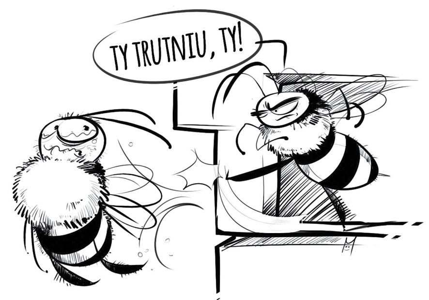 rysunek satyryczny: pszczoła wykopuje trutnia z ula