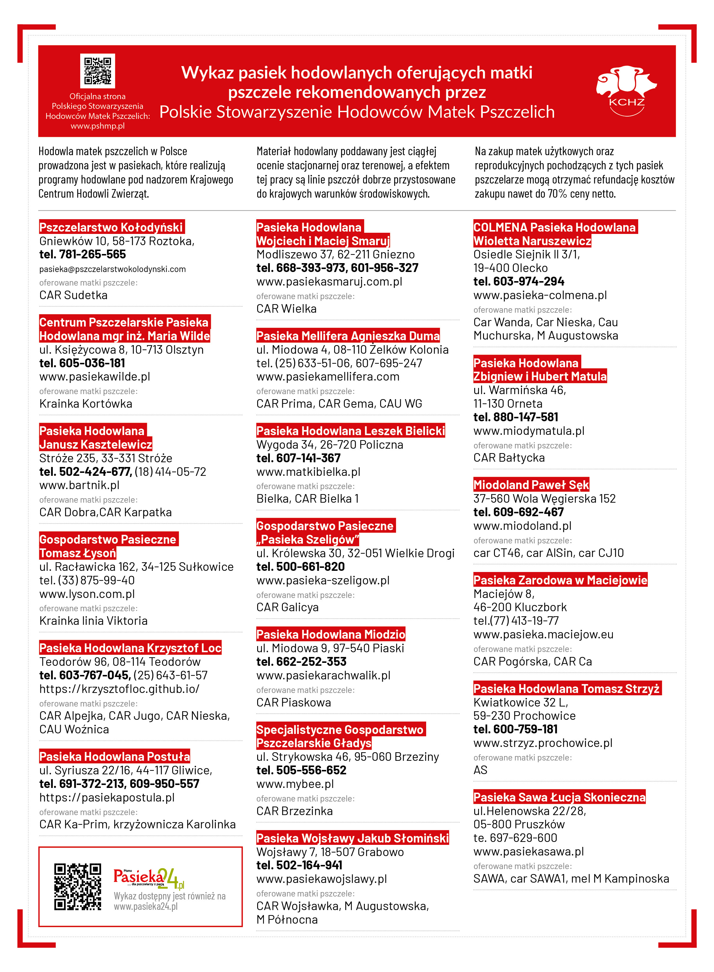 Wykaz pasiek hodowlanych oferujących matki pszczele 