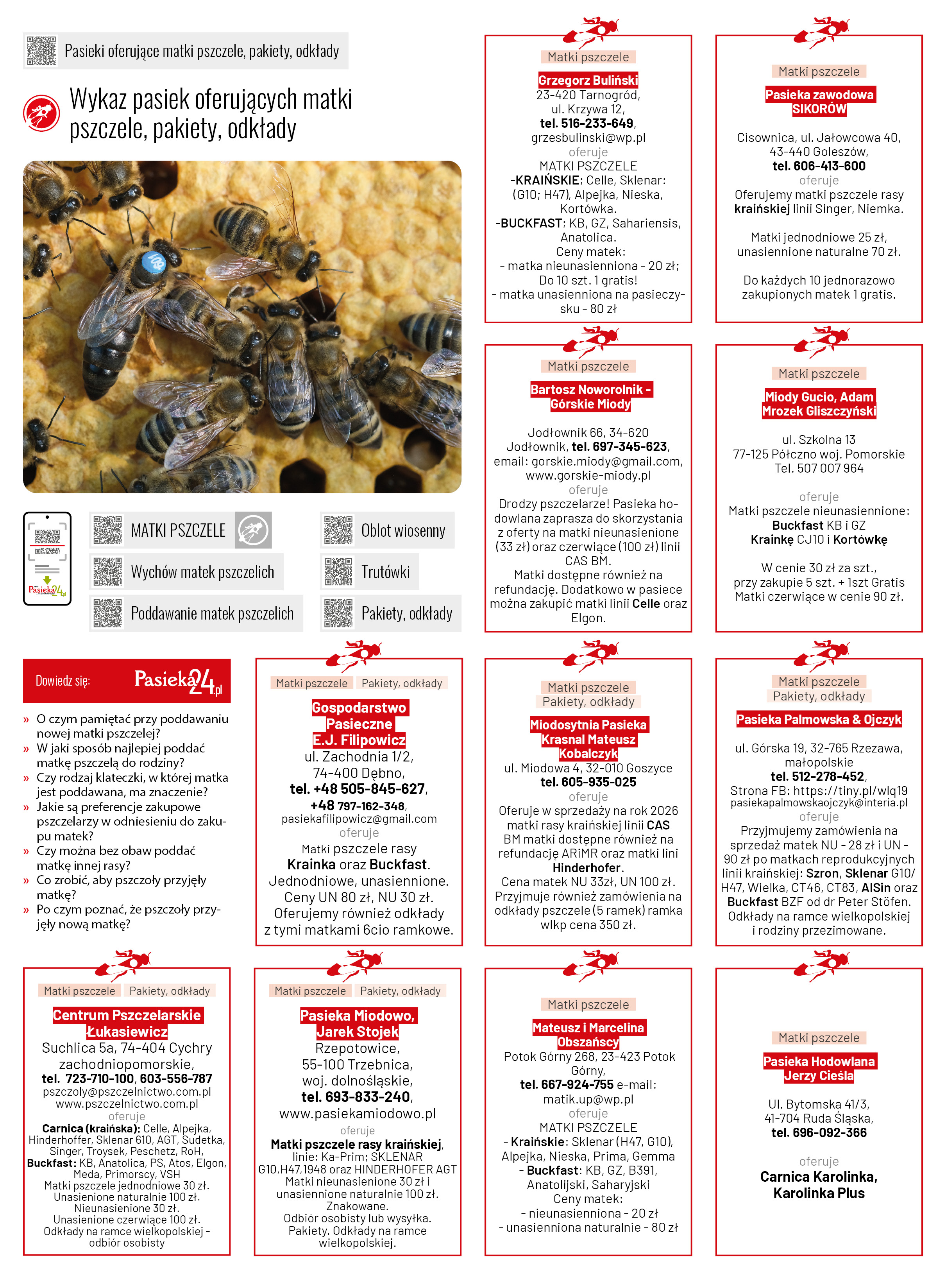 Wykaz pasiek oferujących matki pszczele, pakiety, odkłady - Pasieka 2/2026
